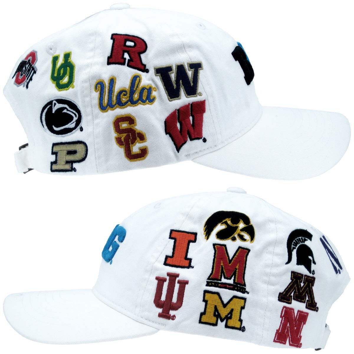 white baseball hat with all team member logos of Big Ten on both sides